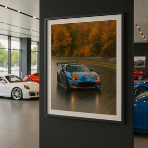Mazda MX-5 Regenstrecken-Poster – Farbenfrohe Herbst-Rennkunst – Digitaler Wanddruck