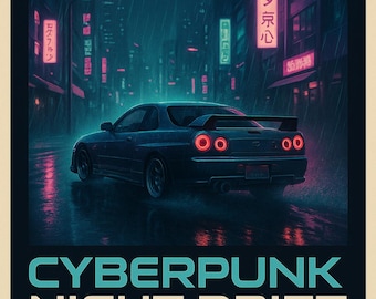 May include: A digital art print featuring a dark blue sports car in a neon-lit, rainy cityscape. The poster has the text "DRIVESTUDIOARTFI" at the top and "CYBERPUNK NIGHT DRIFT" at the bottom. The poster is a printable car poster.