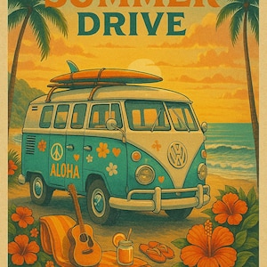 VW T1 Poster – Endless Summer Drive | Vintage Surf Van Wall Art | Retro Summer Camper Van Print | Beach Adventure Decor | Volkswagen