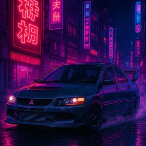 Może przedstawiać: Niebiesko-zielony samochód sportowy pędzi nocą ulicą miasta oświetloną neonami. Scena zdominowana jest przez żywe różowe i fioletowe odcienie z podświetlanych znaków i odbić na mokrej nawierzchni. Samochód ma tylny spojler i czarne koła.
