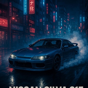 Nissan Silvia S15 Drift Poster – JDM Street Racing Art, Japanese Car Wall Decor, Night Tokyo Neon Drift Scene