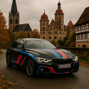 Puede incluir: Sedán negro con rayas de carreras azules y rojas, estacionado en una carretera con un castillo al fondo. El coche tiene una matrícula que dice M ED 3358. Los faros del coche están encendidos.