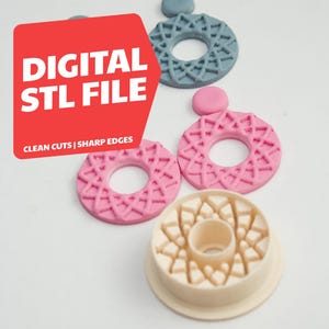 May include: A collection of polymer clay cutters in pink, blue, and beige. The cutters are in the shape of a circle with a geometric design. The image also includes the text "DIGITAL STL FILE" and "CLEAN CUTS | SHARP EDGES".
