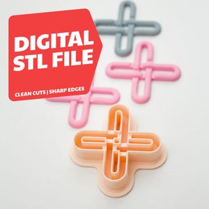 Puede incluir: Un surtido de cortadores de arcilla polimérica en forma de cruz en varios colores: gris, rosa y melocotón. La imagen incluye el texto "DIGITAL STL FILE" y "CLEAN CUTS | SHARP EDGES". El anuncio es para un archivo STL digital.