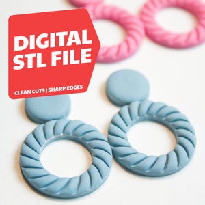 May include: Digital STL file for polymer clay cutters. The image displays two pairs of earrings in pink and blue. Each earring features a circular design with a textured, rope-like pattern. The text "CLEAN CUTS | SHARP EDGES" is visible.