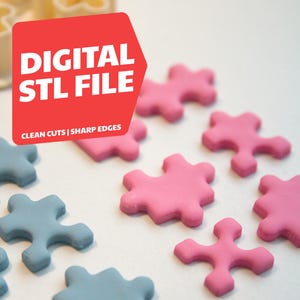 Pode incluir: Cortadores de argila polimérica rosa e azul em forma de quebra-cabeça. A imagem inclui o texto "DIGITAL STL FILE" e "CLEAN CUTS | SHARP EDGES". A listagem é para um arquivo STL digital projetado para cortadores de argila polimérica de alta precisão.