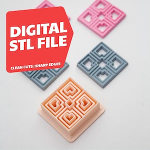 May include: A collection of geometric polymer clay cutters in pink, gray, and peach. The cutters are square with a repeating heart design. The image includes the text "DIGITAL STL FILE" and "CLEAN CUTS | SHARP EDGES".