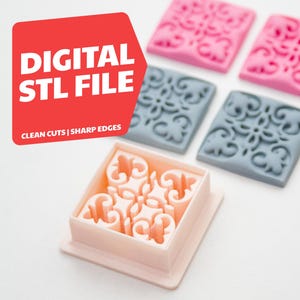 May include: A digital STL file for high-detail polymer clay cutters. The image shows a light pink cutter with a floral design, along with pink and gray clay cutouts. The text "DIGITAL STL FILE" is in a red box.