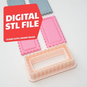 May include: A collection of rectangular polymer clay cutters in shades of pink, peach, and gray. The cutters have a scalloped edge design. The image includes the text "DIGITAL STL FILE" and "CLEAN CUTS | SHARP EDGES".
