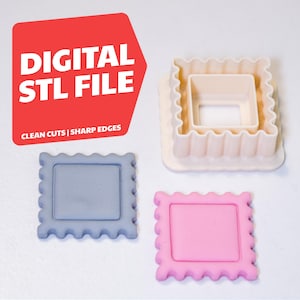 May include: Image of three polymer clay cutters in the shape of a square with a scalloped edge. One is beige, one is light blue, and one is pink. The image also includes the text "DIGITAL STL FILE" and "CLEAN CUTS | SHARP EDGES".