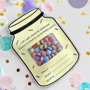 Faire-part d'anniversaire avec porte-bonbons imprimable - Pot à remplir soi-même pour une invitation à une fête - Sac à cadeaux pour enfants - Téléchargement immédiat non modifiable