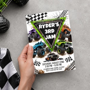 May include: A rectangular party invitation featuring monster trucks in purple, orange, blue, and green. The text reads: RYDER'S 3RD JAM, BOOM! CRASH! IT'S A MONSTER TRUCK BASH!, SATURDAY, AUGUST 22ND, 2:00 PM - 6:00 PM, 123 MONSTER WAY, ORANGE, CA 92867, RSVP TO JACK 555-987-6543.