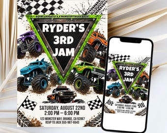 Monster Truck Birthday Invitation, Digital 5x7 Invite w/ printable table cards, Editable Birthday Template