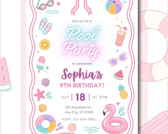 Girl Pool Party Birthday Invitation, Summer Tween Birthday Invite, 5x7 Canva Template, Digital Download
