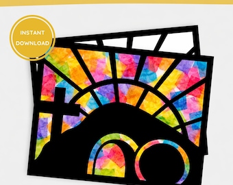 He Is Risen Easter Craft, christelijk paasambacht voor kinderen, opstanding zondagsschoolactiviteit afdrukbaar, religieuze activiteit gebrandschilderd glas