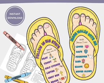 Follow Jesus Sandals Printable Coloring Page, Kids Sunday School Christian Activity, Walk With Jesus Bible Lesson Craft, Church Fan Craft