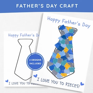 May include: Two white Father's Day greeting cards featuring a black outline of a necktie. One card shows the tie filled with blue, yellow, and grey paper scraps. Both cards include the text Happy Father's Day and I LOVE YOU TO PIECES!