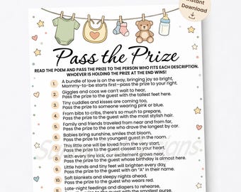 Gioco per baby shower "Passa il premio", giochi "Passa il regalo", gioco per baby shower stampabile, attività per baby shower, poesia "Passa il regalo", download digitale