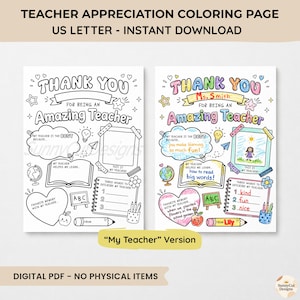 Pu&ograve; includere: Due pagine da colorare per ringraziare gli insegnanti con il testo THANK YOU FOR BEING AN AMAZING TEACHER. I fogli includono spazi vuoti per scrivere, un mappamondo, un libro, una matita e un cuore. Una pagina &egrave; vuota, l'altra &egrave; colorata.