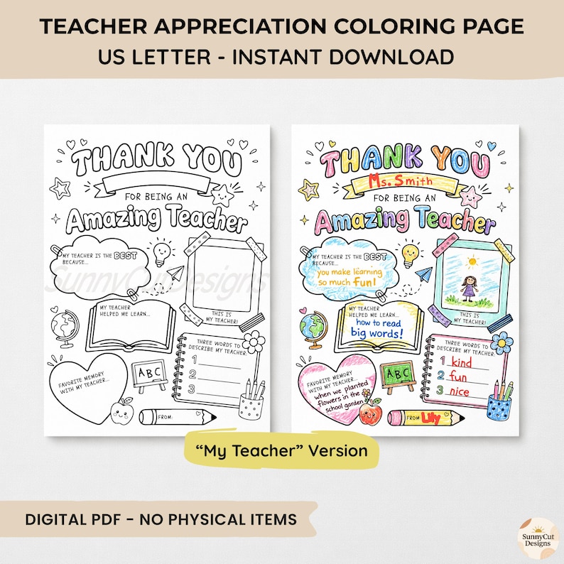 Pu&ograve; includere: Due pagine da colorare per ringraziare gli insegnanti con il testo THANK YOU FOR BEING AN AMAZING TEACHER. I fogli includono spazi vuoti per scrivere, un mappamondo, un libro, una matita e un cuore. Una pagina &egrave; vuota, l'altra &egrave; colorata.