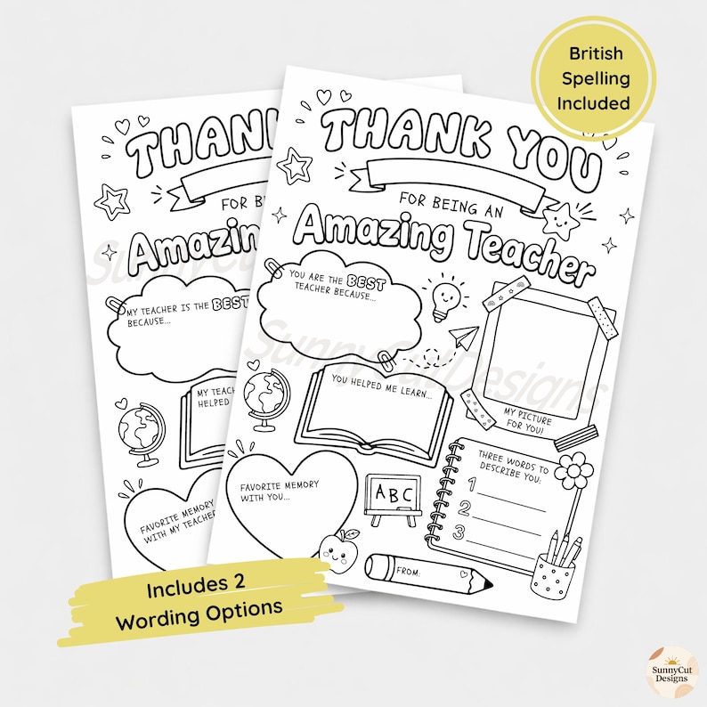 Pu&ograve; includere: Due fogli da colorare in bianco e nero per insegnanti con il testo THANK YOU FOR BEING AN Amazing Teacher. Le pagine includono sezioni da compilare per ricordi, una cornice per foto, un mappamondo, un libro aperto e una matita.