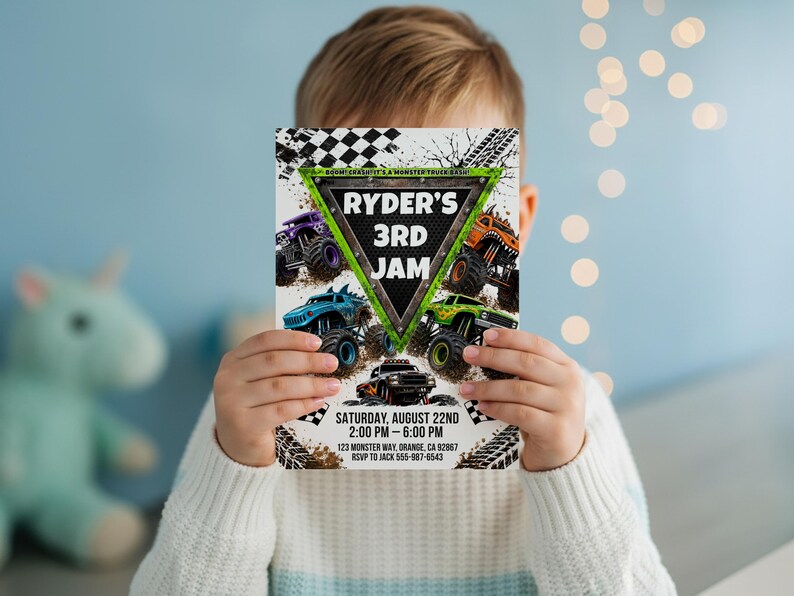 May include: A rectangular party invitation card featuring a green triangular frame with the text RYDER'S 3RD JAM. The design includes four colorful monster trucks, black and white checkered patterns, and tire tracks. Event details are printed below.