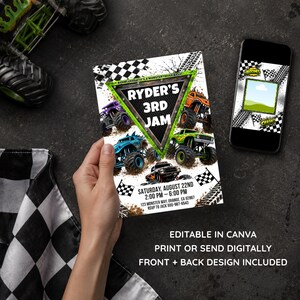 May include: A rectangular party invitation featuring monster trucks, a checkered flag pattern, and the text "RYDER'S 3RD JAM" inside a green triangle. The invitation includes event details for Saturday, August 22nd, and a matching digital design.