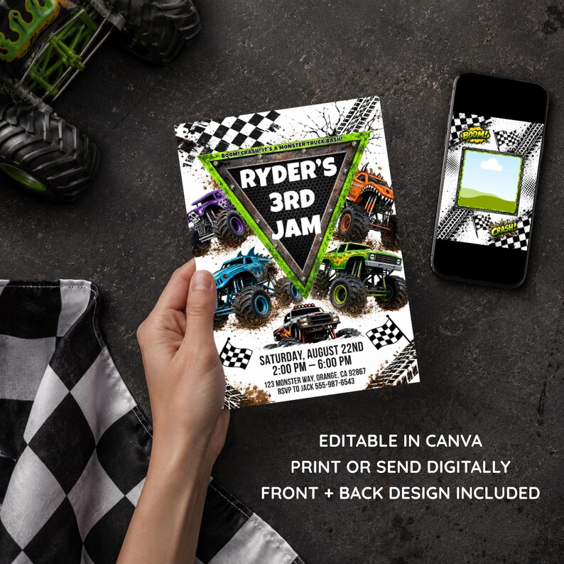 May include: A rectangular party invitation featuring monster trucks, a checkered flag pattern, and the text "RYDER'S 3RD JAM" inside a green triangle. The invitation includes event details for Saturday, August 22nd, and a matching digital design.