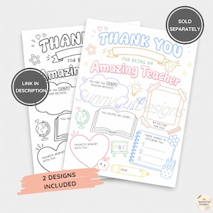 Pu&ograve; includere: Due fogli di attivit&agrave; stampabili per ringraziare gli insegnanti, con contorni in bianco e nero o colorati. I design includono il testo THANK YOU FOR BEING AN AMAZING TEACHER, con sezioni per scrivere ricordi, una cornice per foto e disegni a tema scolastico.