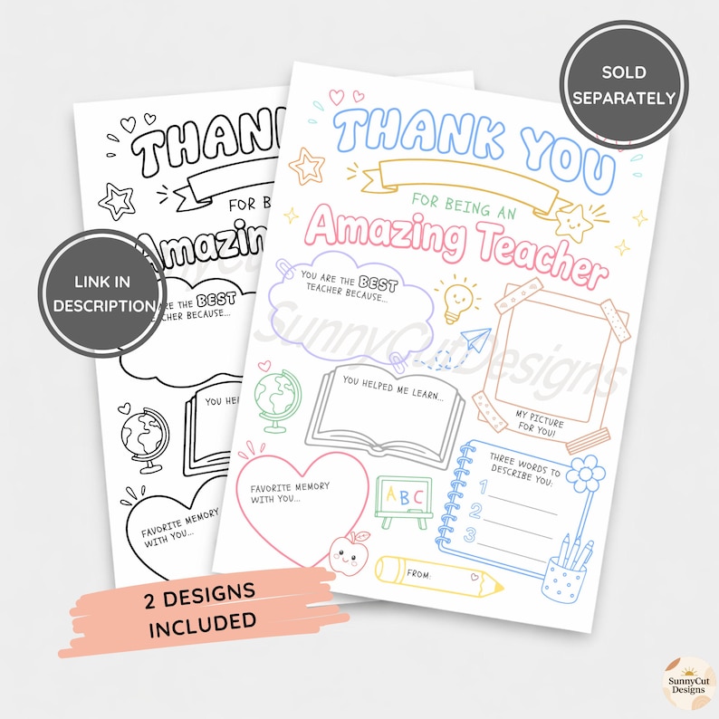 Pu&ograve; includere: Due fogli di attivit&agrave; stampabili per ringraziare gli insegnanti, con contorni in bianco e nero o colorati. I design includono il testo THANK YOU FOR BEING AN AMAZING TEACHER, con sezioni per scrivere ricordi, una cornice per foto e disegni a tema scolastico.