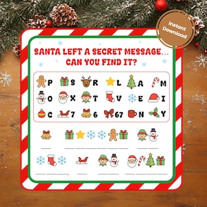 Puede incluir: Un juego de rompecabezas con temática navideña con un borde rojo y verde. El texto "SANTA LEFT A SECRET MESSAGE... CAN YOU FIND IT?" está en la parte superior. El juego incluye imágenes de símbolos navideños y letras.