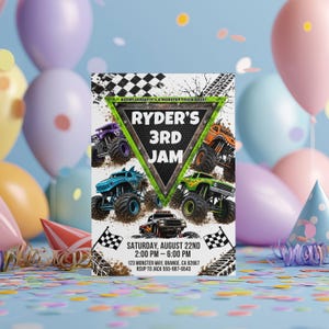 May include: A rectangular party invitation featuring four monster trucks, a large triangular center graphic with the text RYDER'S 3RD JAM, and event details including Saturday, August 22nd, 2:00 PM - 6:00 PM, 123 Monster Way, Orange, CA 92867, RSVP 555-987-6543.