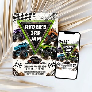 May include: A monster truck themed birthday invitation featuring four colorful trucks, a checkered flag border, and mud splatters. Text reads: RYDER'S 3RD JAM, SATURDAY, AUGUST 22ND, 2:00 PM &ndash; 6:00 PM, 123 MONSTER WAY, ORANGE, CA 92867, RSVP TO JACK 555-987-6543.