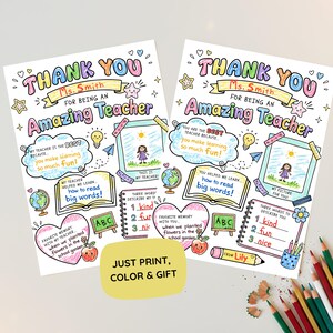 Pu&ograve; includere: Due pagine da colorare stampabili identiche per ringraziare un insegnante con il testo Thank You Ms. Smith For Being An Amazing Teacher. I fogli includono illustrazioni disegnate a mano di un mappamondo, una mela, un libro e una cornice con spazio per un disegno di un bambino, oltre a sezioni per scrivere parole gentili.