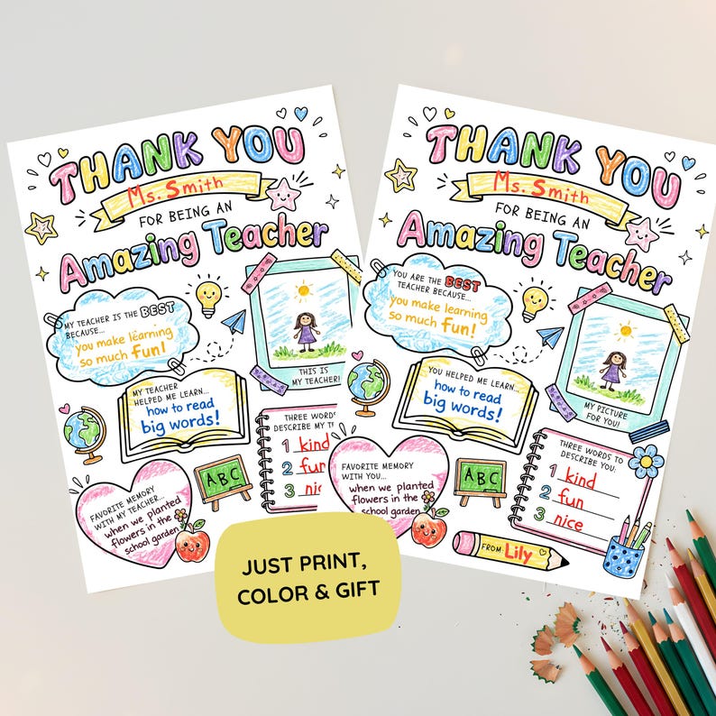 Pu&ograve; includere: Due pagine da colorare stampabili identiche per ringraziare un insegnante con il testo Thank You Ms. Smith For Being An Amazing Teacher. I fogli includono illustrazioni disegnate a mano di un mappamondo, una mela, un libro e una cornice con spazio per un disegno di un bambino, oltre a sezioni per scrivere parole gentili.