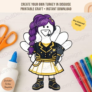 May include: A printable craft featuring a turkey in disguise, dressed in a black and gold outfit with a microphone. The turkey has purple hair and is wearing a headset. The image includes the text "CREATE YOUR OWN TURKEY IN DISGUISE PRINTABLE CRAFT • INSTANT DOWNLOAD".