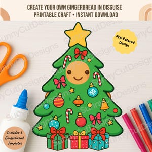 May include: A green Christmas tree illustration with a gingerbread face, candy canes, ornaments, and gift boxes. The image includes text that reads "CREATE YOUR OWN GINGERBREAD IN DISGUISE PRINTABLE CRAFT • INSTANT DOWNLOAD."