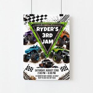 May include: A monster truck themed party invitation poster featuring four colorful trucks, a central triangular sign with the text RYDER'S 3RD JAM, checkered flags, and event details including Saturday, August 22nd, 2:00 PM to 6:00 PM, 123 Monster Way, Orange, CA 92867.