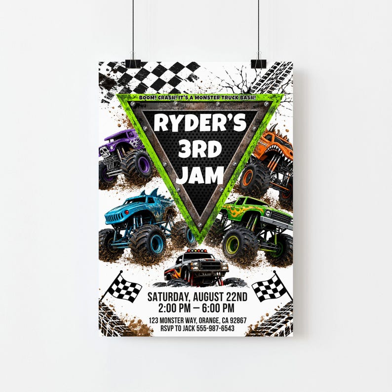 May include: A monster truck themed party invitation poster featuring four colorful trucks, a central triangular sign with the text RYDER'S 3RD JAM, checkered flags, and event details including Saturday, August 22nd, 2:00 PM to 6:00 PM, 123 Monster Way, Orange, CA 92867.