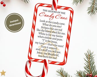 May include: A candy cane-shaped tag with a red and white striped border and a poem about the legend of the candy cane. The text includes the words "instant download". The background includes Christmas decorations.