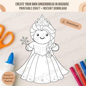 May include: Black and white printable craft featuring a gingerbread person dressed as a princess, holding a snowflake wand. The image includes the text "CREATE YOUR OWN GINGERBREAD IN DISGUISE PRINTABLE CRAFT • INSTANT DOWNLOAD" and "Includes 3 Gingerbread Templates."