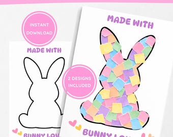 May include: Two white Easter bunny DIY activity sheets. One sheet features a bunny outline, the other a bunny shape filled with colourful paper squares. Text includes "Easter Bunny DIY Activity", "Made With", "Bunny Love!", and "Instant Download".