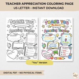 Pu&ograve; includere: Due pagine da colorare per ringraziare gli insegnanti con il testo THANK YOU FOR BEING AN AMAZING TEACHER. Le pagine includono sezioni per una foto, un elenco di tre parole, un cuore per un ricordo, un libro aperto, un mappamondo e una matita.