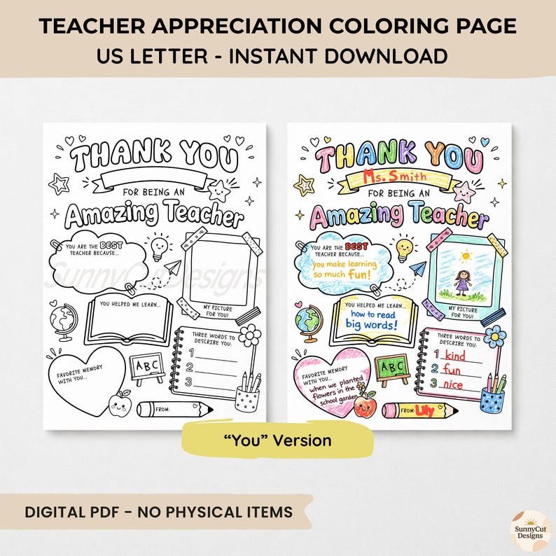 Pu&ograve; includere: Due pagine da colorare per ringraziare gli insegnanti con il testo THANK YOU FOR BEING AN AMAZING TEACHER. Le pagine includono sezioni per una foto, un elenco di tre parole, un cuore per un ricordo, un libro aperto, un mappamondo e una matita.