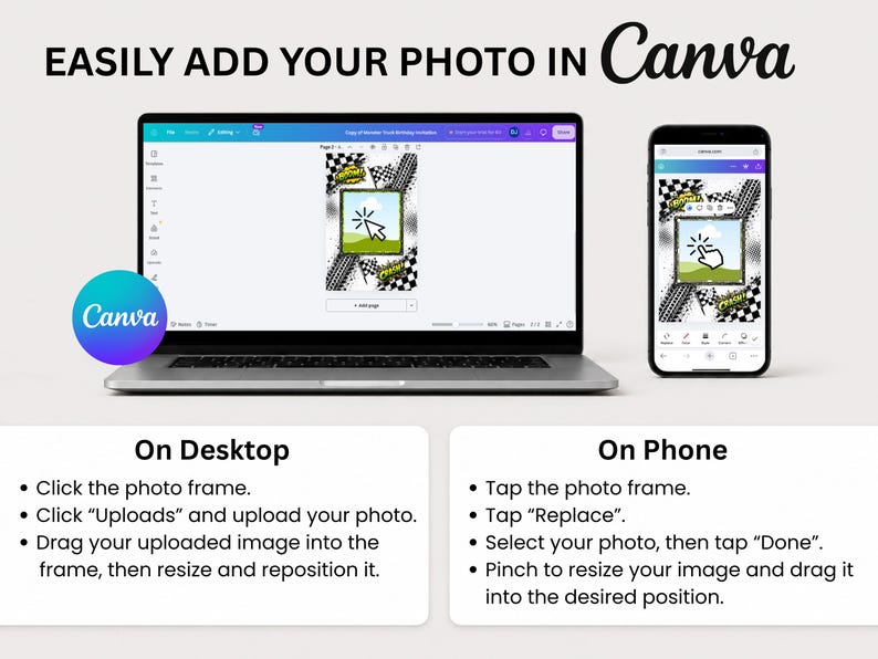 May include: A laptop and a smartphone displaying a Canva interface with a monster truck themed invitation template. The screen shows instructions for adding a photo, including text that reads EASILY ADD YOUR PHOTO IN Canva, On Desktop, and On Phone.