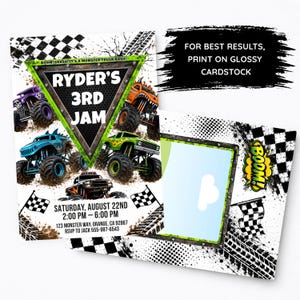 May include: A monster truck themed birthday invitation card featuring a triangular frame with the text RYDER'S 3RD JAM, surrounded by colorful monster trucks, checkered flags, and tire tracks. Includes event details and a BOOM! graphic.