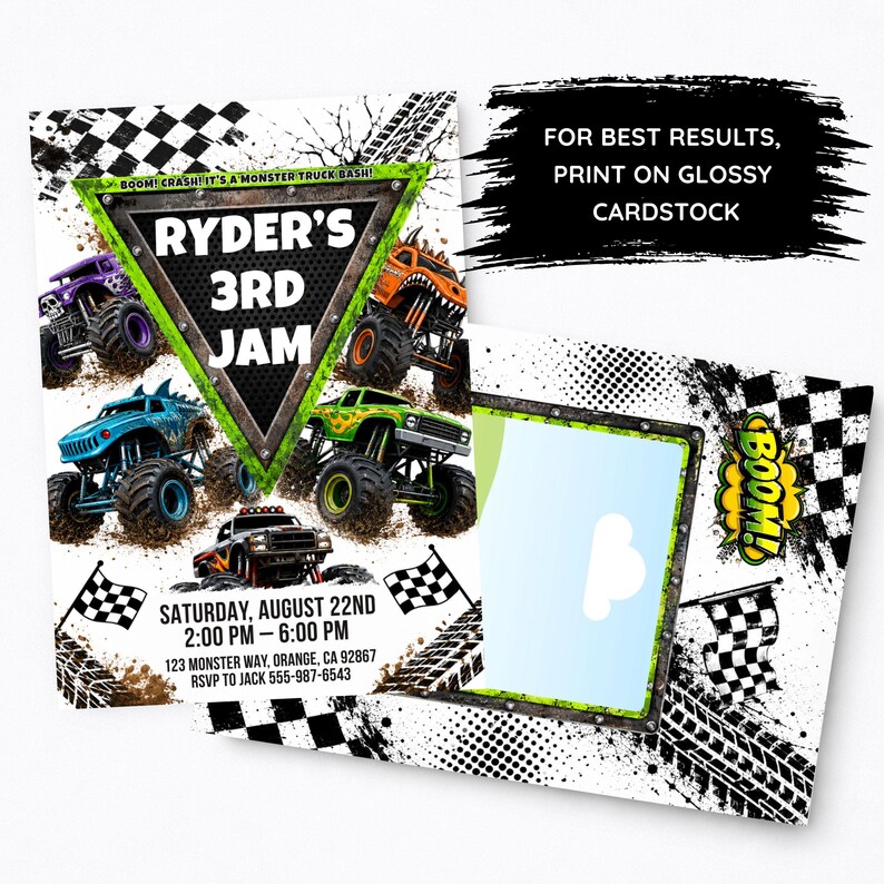 May include: A monster truck themed birthday invitation card featuring a triangular frame with the text RYDER'S 3RD JAM, surrounded by colorful monster trucks, checkered flags, and tire tracks. Includes event details and a BOOM! graphic.