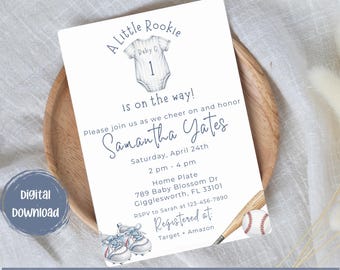 Invitation baby shower de baseball : thème Petite recrue (modèle canva modifiable)