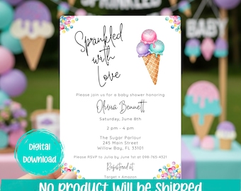 Ice Cream Baby Shower Invitation, Gender Neutral Sprinkle (Canva Template, Digital Download)