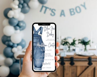 Blue Jean Baby Shower Evite, Denim Overalls Invitation (Digital Download)